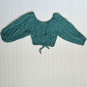 American Eagle Outfitters Teal Floral Crop Top with Balloon Sleeves